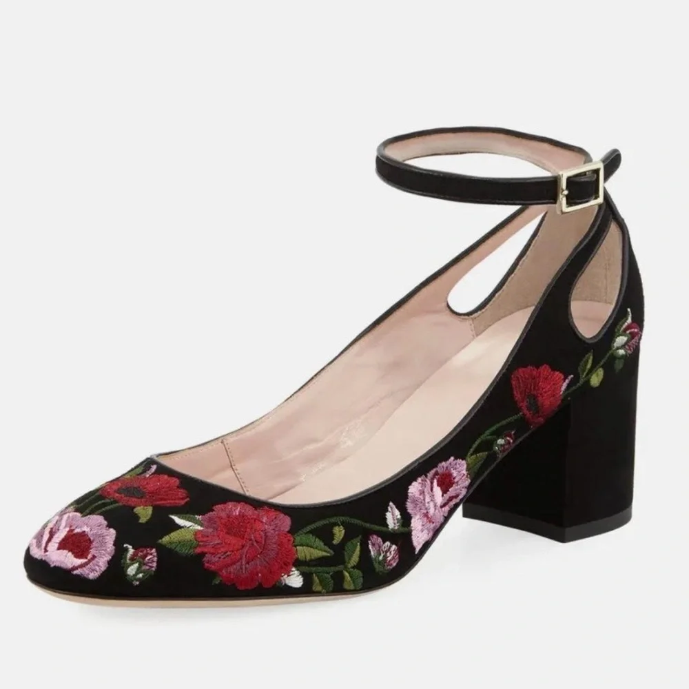 Kate Spade Black Velvet Floral Embroidered Block Heel Ankle-Strap Pumps 9 - Picture 8 of 8